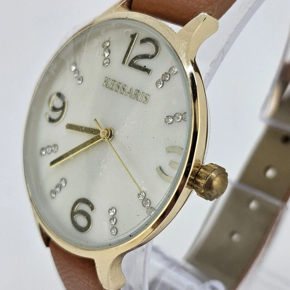 Kessaris Women's Watch 36MM White Dial Brown Faux Leather Bands‎ New Battery